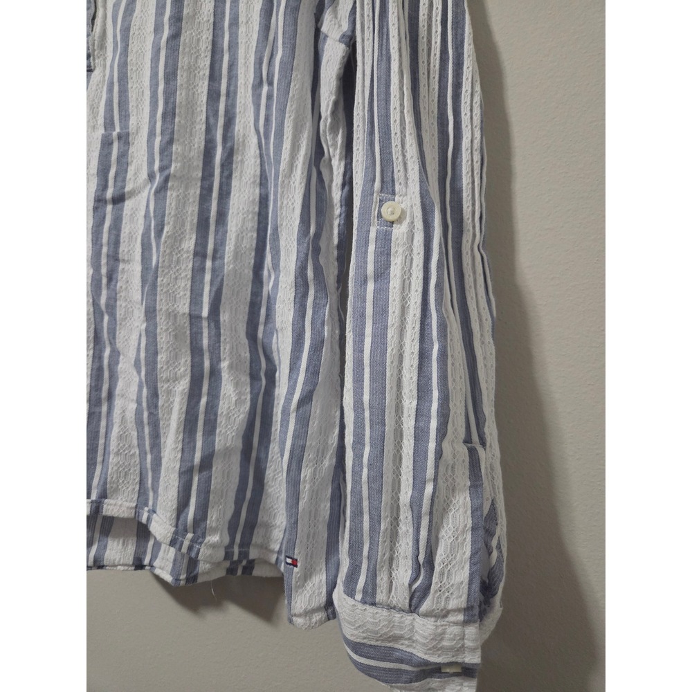 Tommy Hilfiger Blue White Striped Eyelet Lace Henley Long Sleeve Blouse Top - Picture 3 of 13